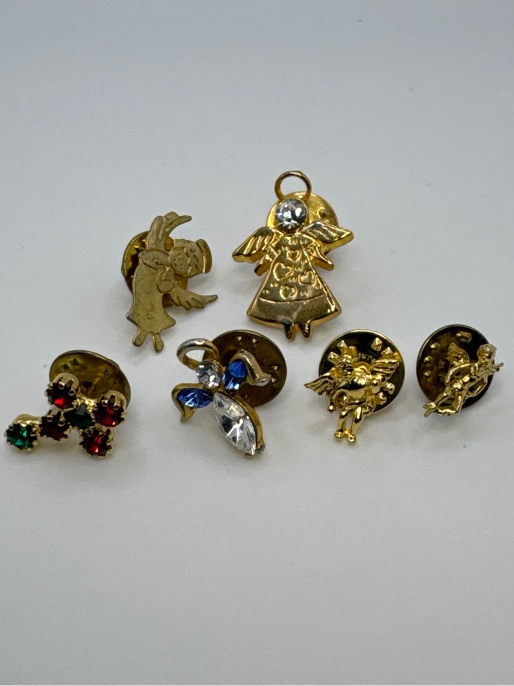 Vintage Gold Tone Angel Cherub Rhinestone Cross Lapel Pins Lot